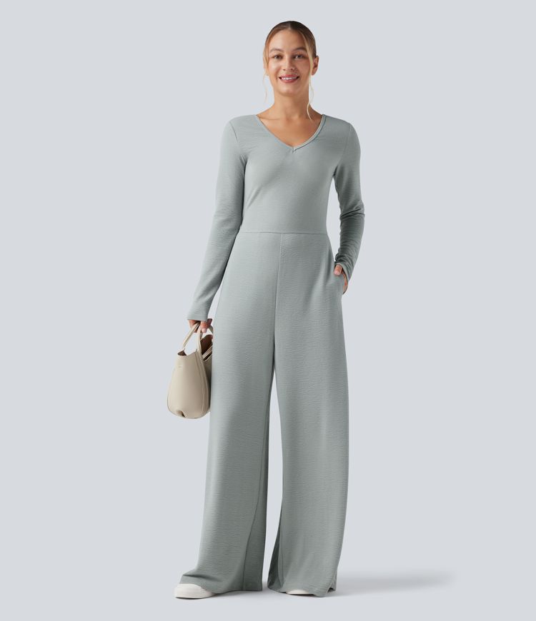 Combinaison décontractée à col en V, manches longues, avec poches — édition Easy Peezy