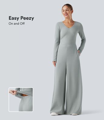 Combinaison décontractée à col en V, manches longues, avec poches — édition Easy Peezy
