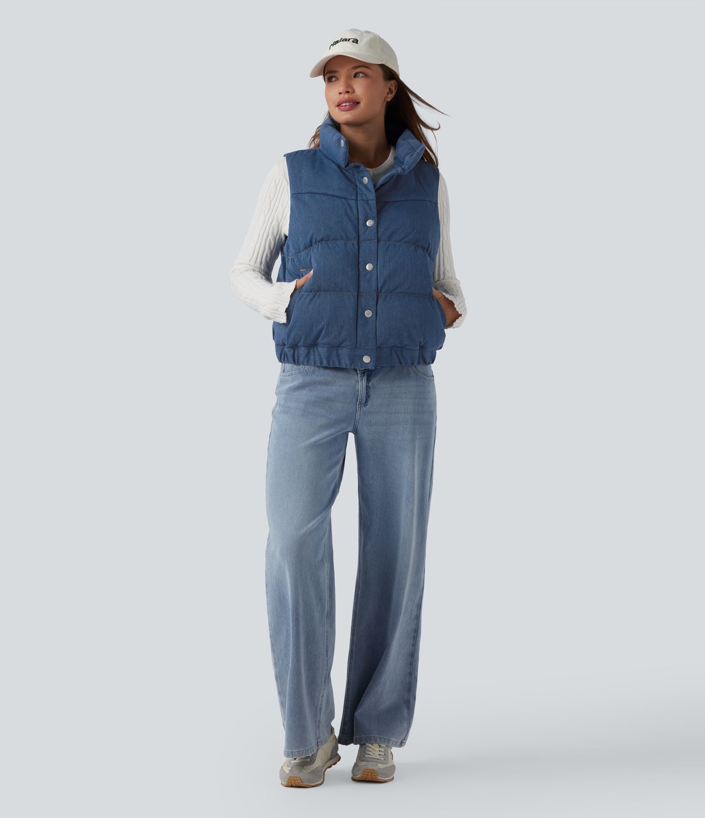 Halara Flex™ Doudoune sans manches en denim à col montant avec poches