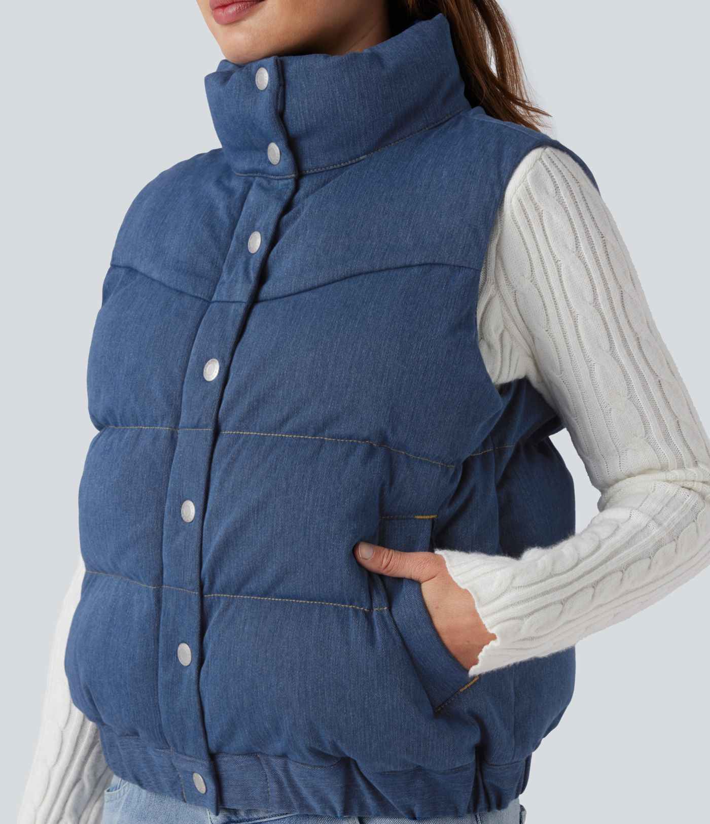 Halara Flex™ Doudoune sans manches en denim à col montant avec poches