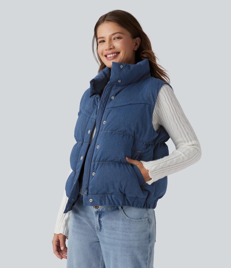 Halara Flex™ Doudoune sans manches en denim à col montant avec poches