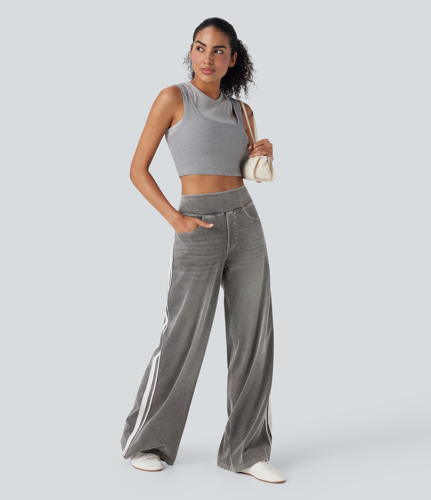 Halara Flex™ High Waisted Stripe Wide Leg Flowy Washed Denim Women Wide Leg Baggy Casual Jeans