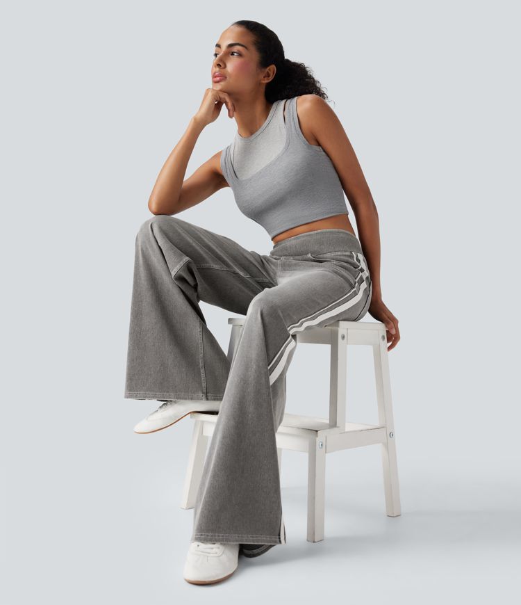 Halara Flex™ High Waisted Stripe Wide Leg Flowy Washed Denim Women Wide Leg Baggy Casual Jeans