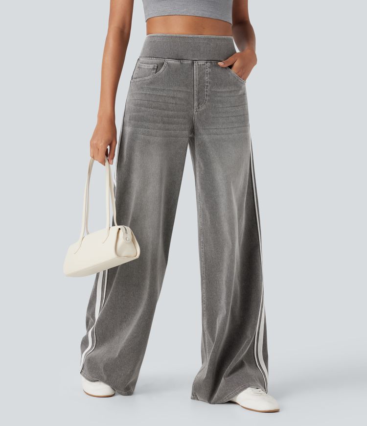 Halara Flex™ High Waisted Stripe Wide Leg Flowy Washed Denim Women Wide Leg Baggy Casual Jeans