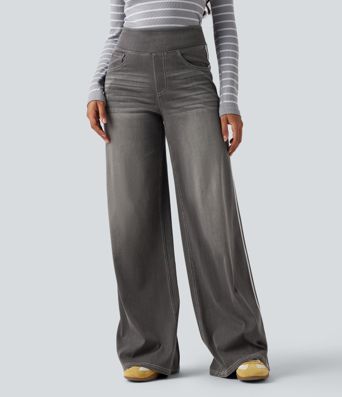 Halara Flex™ High Waisted Stripe Wide Leg Flowy Washed Casual Jeans with Pockets