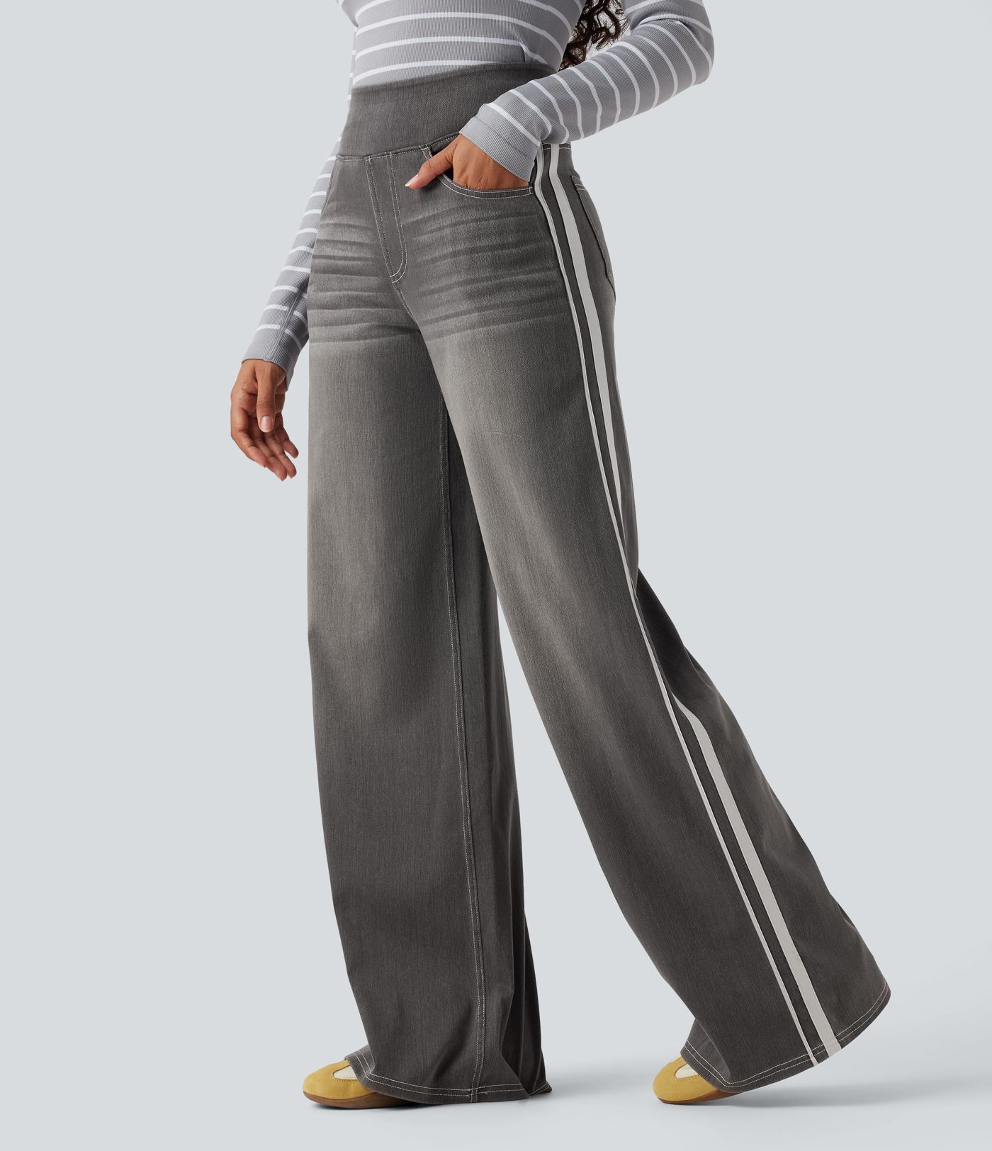 Halara Flex™ High Waisted Stripe Wide Leg Flowy Washed Casual Jeans with Pockets