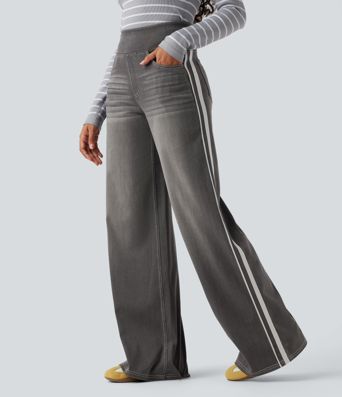Halara Flex™ High Waisted Stripe Wide Leg Flowy Washed Casual Jeans with Pockets