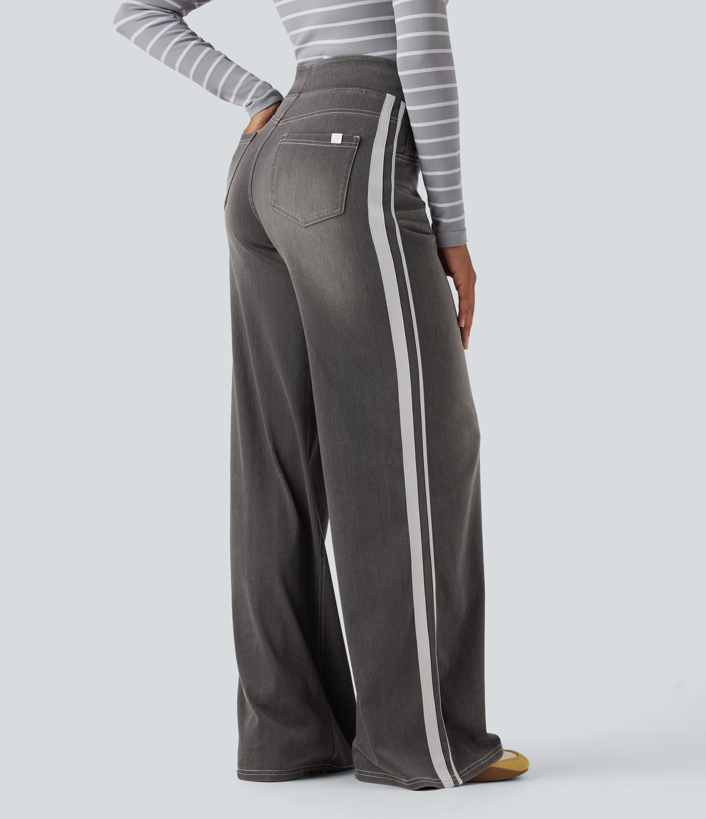 Halara Flex™ High Waisted Stripe Wide Leg Flowy Washed Casual Jeans with Pockets