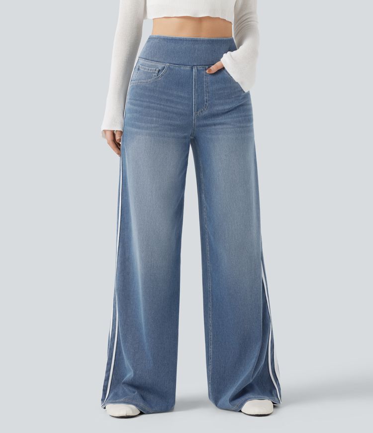 Halara Flex™ High Waisted Stripe Wide Leg Flowy Washed Denim Women Wide Leg Baggy Casual Jeans