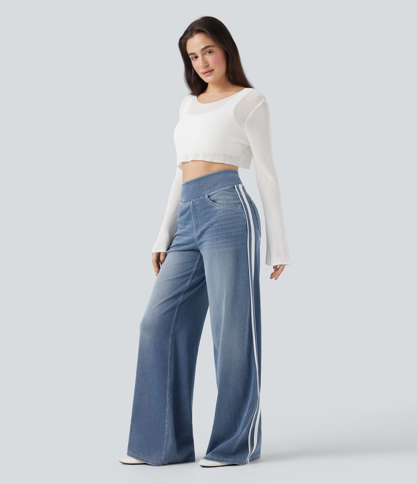 Halara Flex™ High Waisted Stripe Wide Leg Flowy Washed Denim Women Wide Leg Baggy Casual Jeans