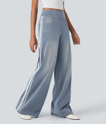 Halara Flex™ High Waisted Stripe Wide Leg Flowy Washed Casual Jeans with Pockets