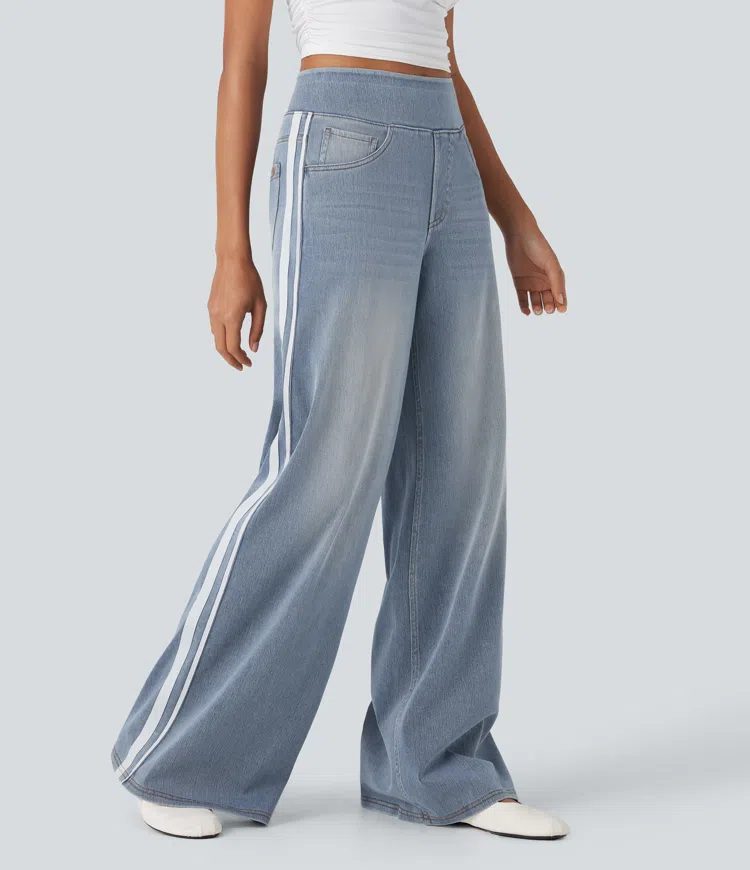 Halara Flex™ High Waisted Stripe Wide Leg Flowy Washed Denim Women Wide Leg Baggy Casual Jeans