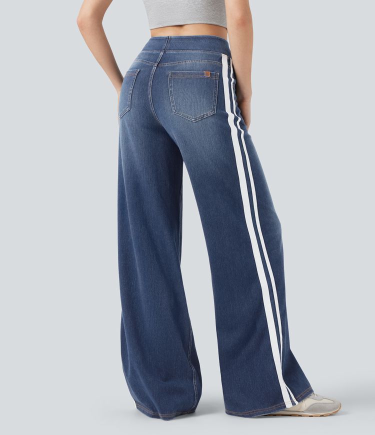 Halara Flex™ High Waisted Stripe Wide Leg Flowy Washed Casual Jeans with Pockets