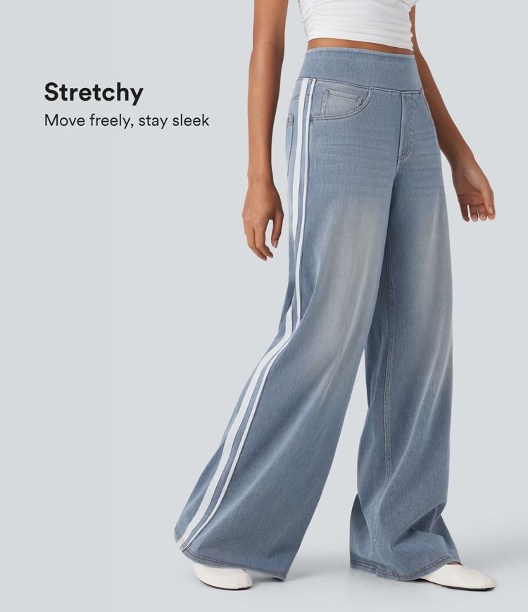 Halara Flex™ High Waisted Stripe Wide Leg Flowy Washed Denim Women Wide Leg Baggy Casual Jeans