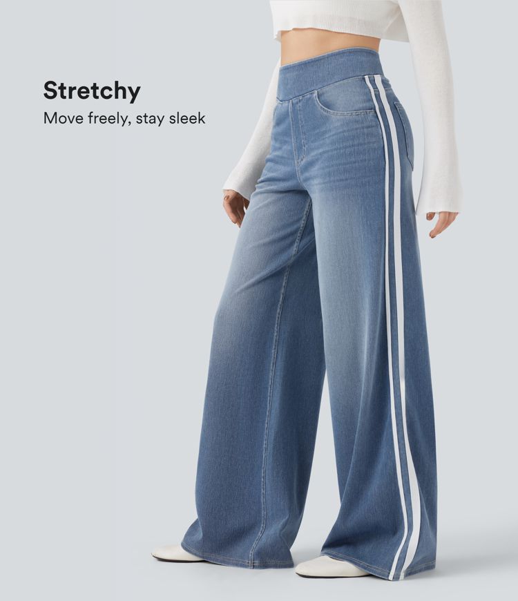 Halara Flex™ High Waisted Stripe Wide Leg Flowy Washed Denim Women Wide Leg Baggy Casual Jeans