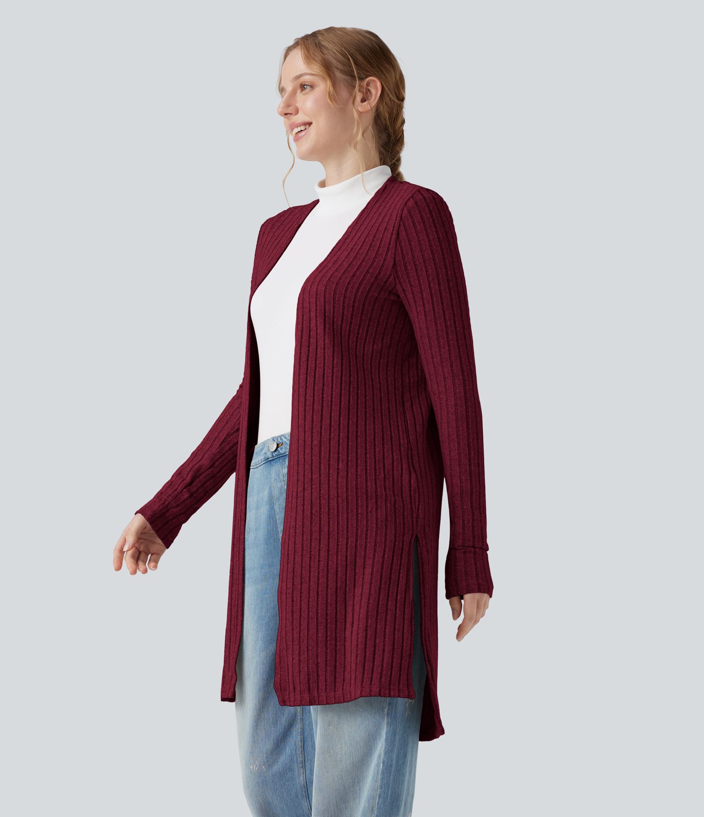 Ribbed Knit Long Sleeve Split Casual Coat