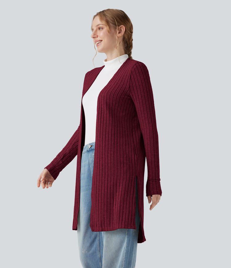 Ribbed Knit Long Sleeve Split Casual Coat