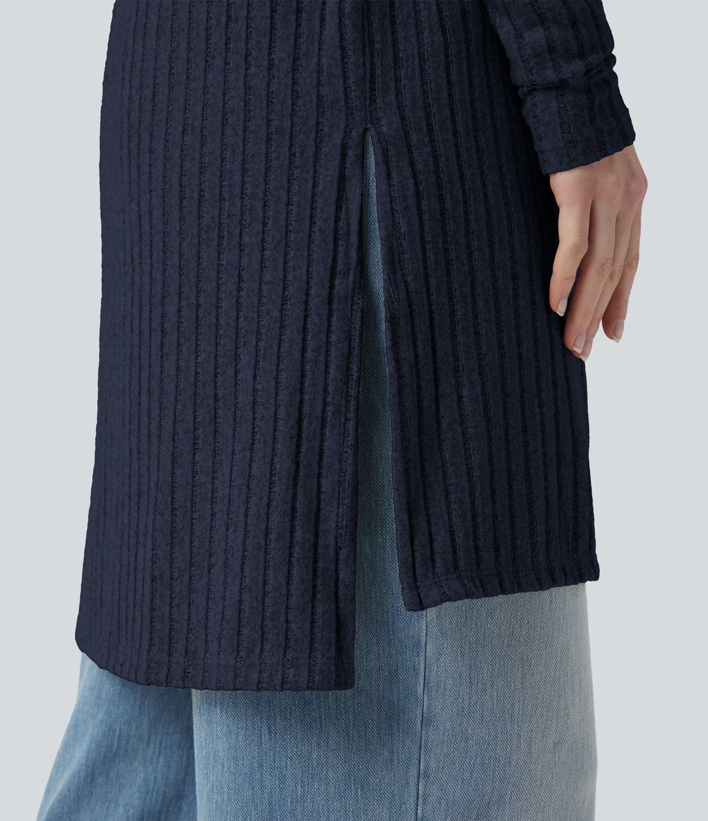 Ribbed Knit Long Sleeve Split Casual Coat
