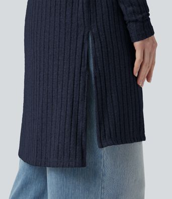 Ribbed Knit Long Sleeve Split Casual Coat