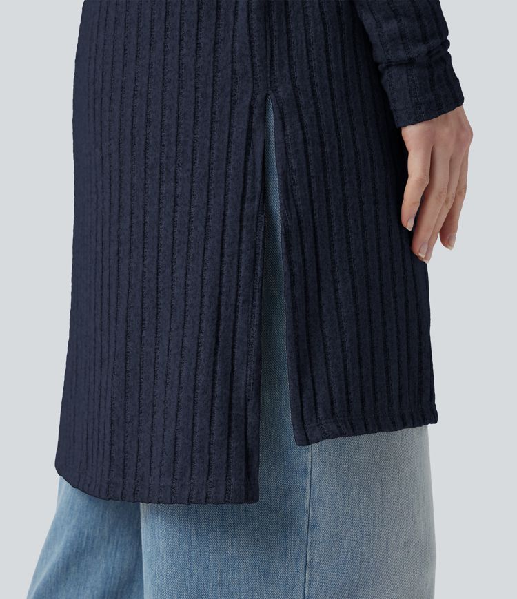Ribbed Knit Long Sleeve Split Casual Coat