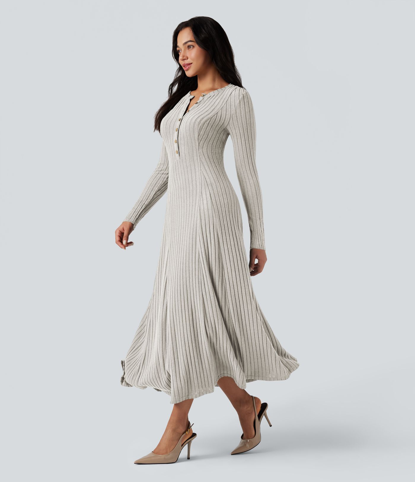 Ribbed Knit Henley Neck Long Sleeve Flowy Maxi Casual Dress