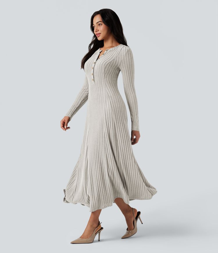 Ribbed Knit Henley Neck Long Sleeve Flowy Maxi Casual Dress