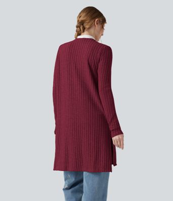 Ribbed Knit Long Sleeve Split Casual Coat
