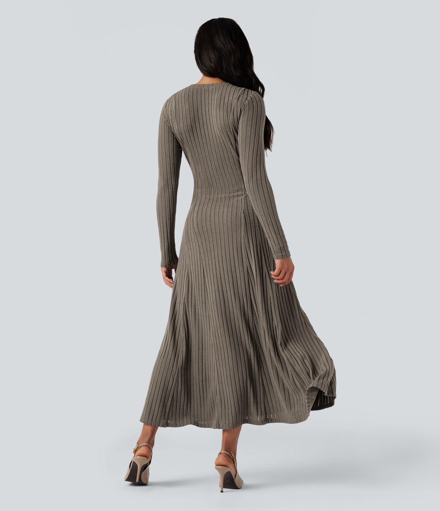 Ribbed Knit Henley Neck Long Sleeve Flowy Maxi Casual Dress