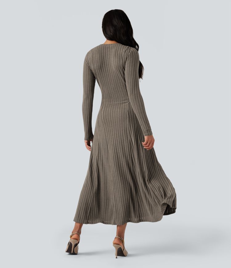 Ribbed Knit Henley Neck Long Sleeve Flowy Maxi Casual Dress