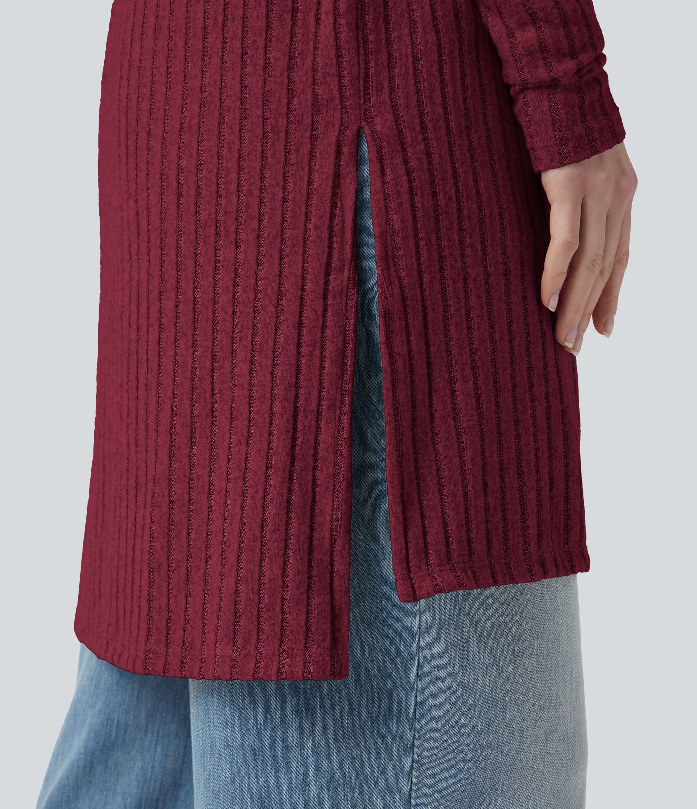 Ribbed Knit Long Sleeve Split Casual Coat