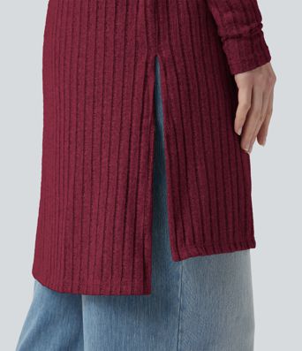 Ribbed Knit Long Sleeve Split Casual Coat