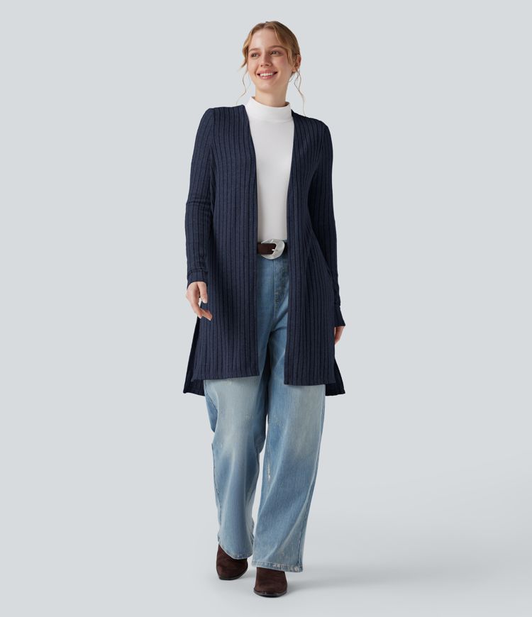 Ribbed Knit Long Sleeve Split Casual Coat