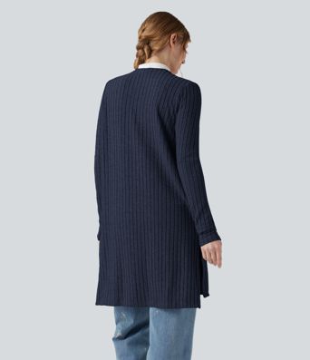 Ribbed Knit Long Sleeve Split Casual Coat