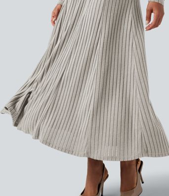 Ribbed Knit Henley Neck Long Sleeve Flowy Maxi Casual Dress