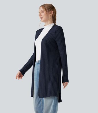 Ribbed Knit Long Sleeve Split Casual Coat