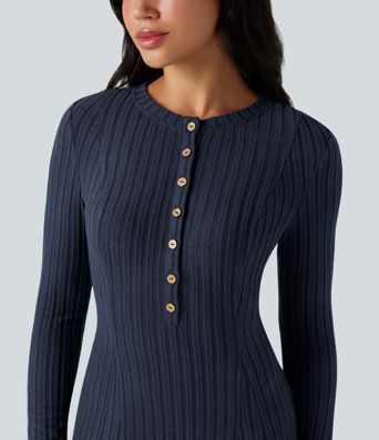 Ribbed Knit Henley Neck Long Sleeve Flowy Maxi Casual Dress