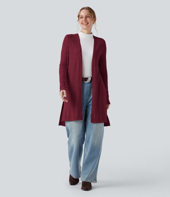 Ribbed Knit Long Sleeve Split Casual Coat