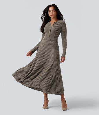 Ribbed Knit Henley Neck Long Sleeve Flowy Maxi Casual Dress