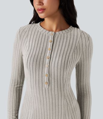 Ribbed Knit Henley Neck Long Sleeve Flowy Maxi Casual Dress