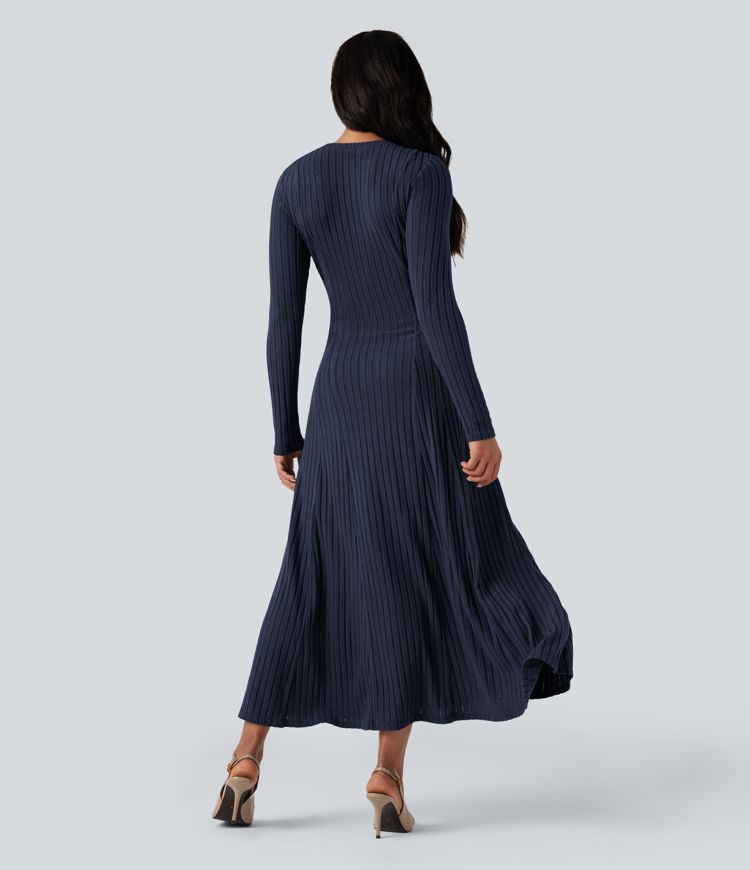 Ribbed Knit Henley Neck Long Sleeve Flowy Maxi Casual Dress