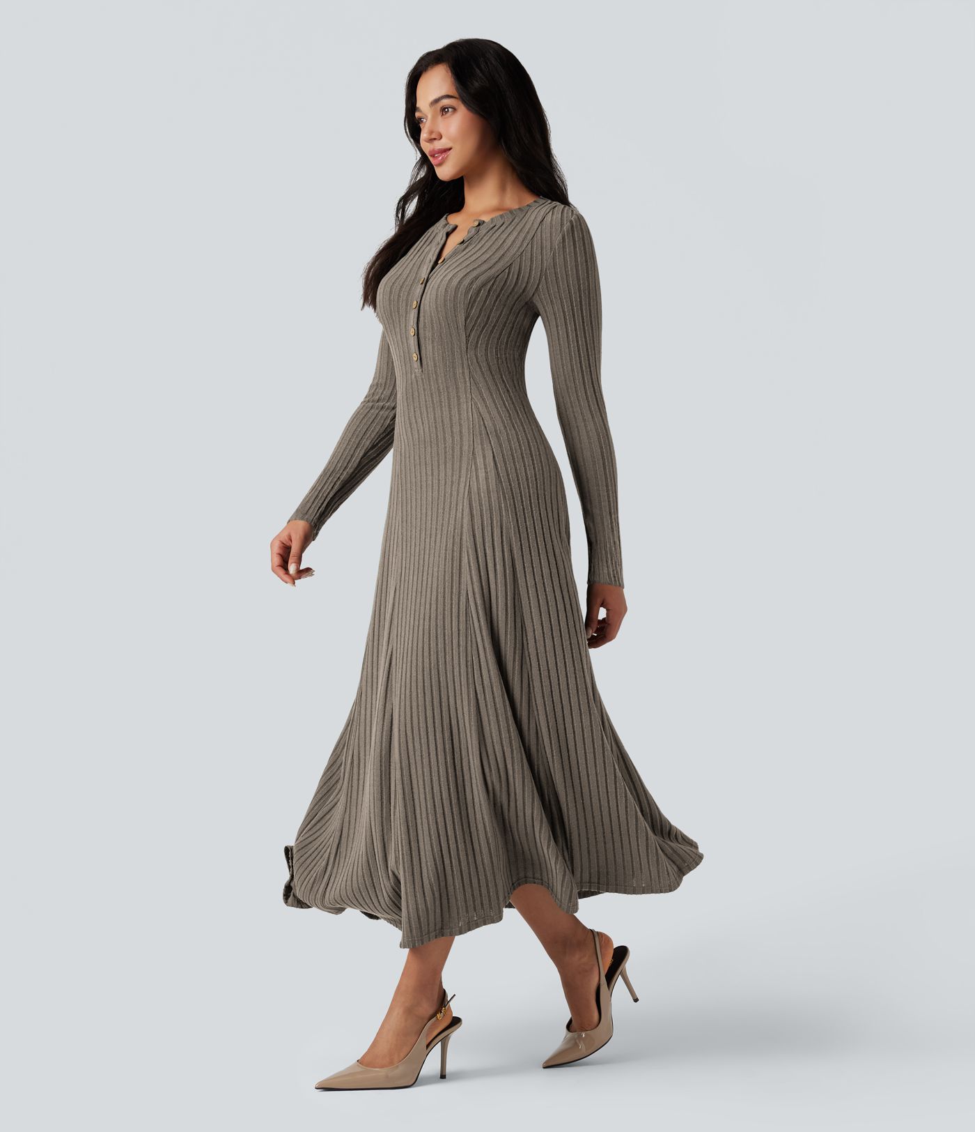 Ribbed Knit Henley Neck Long Sleeve Flowy Maxi Casual Dress