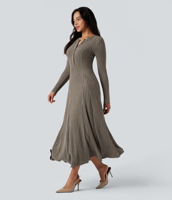 Ribbed Knit Henley Neck Long Sleeve Flowy Maxi Casual Dress