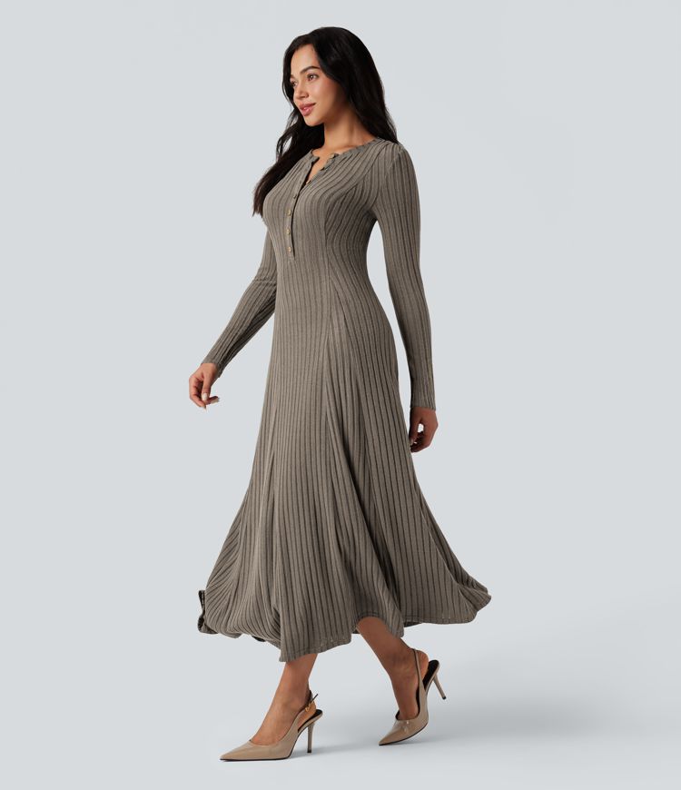 Ribbed Knit Henley Neck Long Sleeve Flowy Maxi Casual Dress