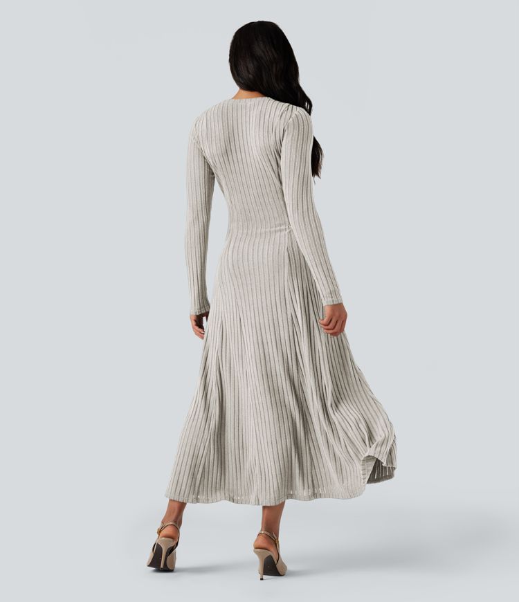 Ribbed Knit Henley Neck Long Sleeve Flowy Maxi Casual Dress