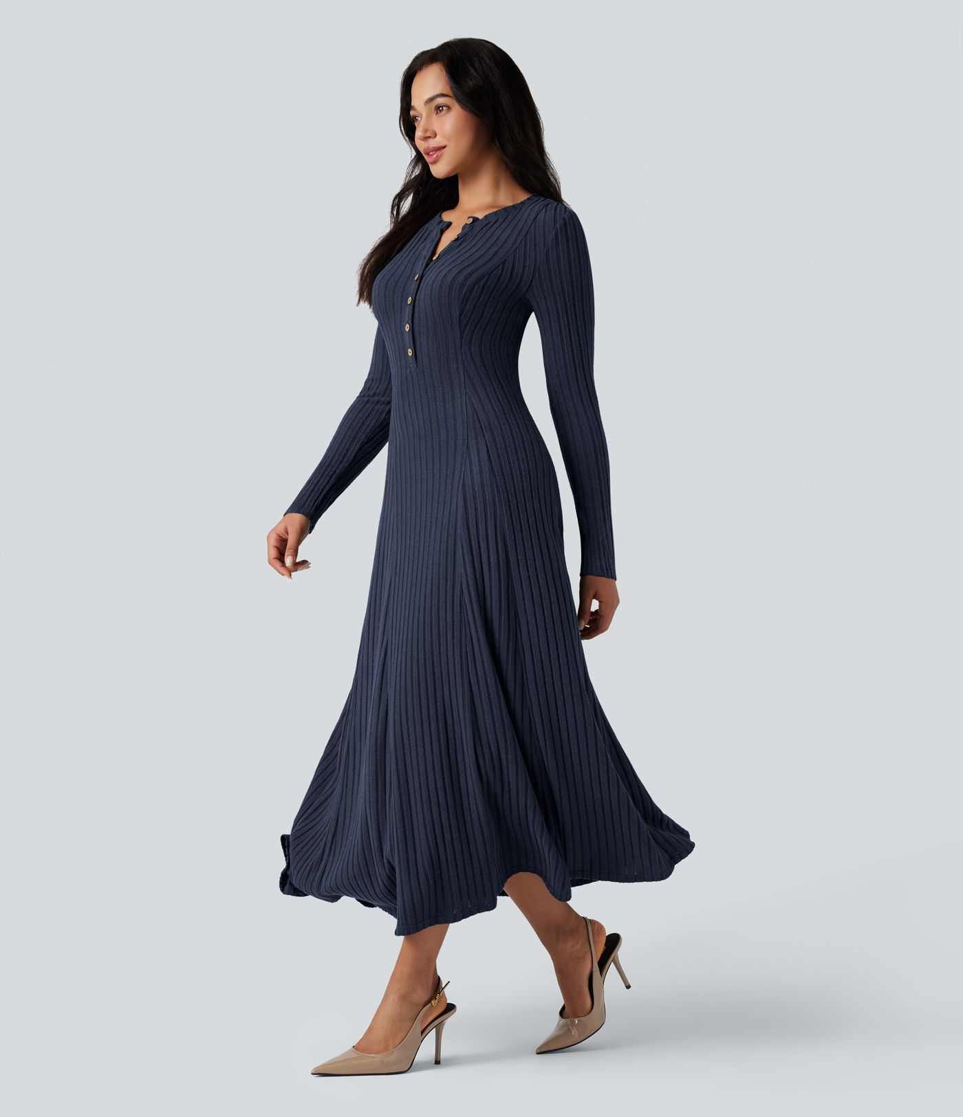 Ribbed Knit Henley Neck Long Sleeve Flowy Maxi Casual Dress
