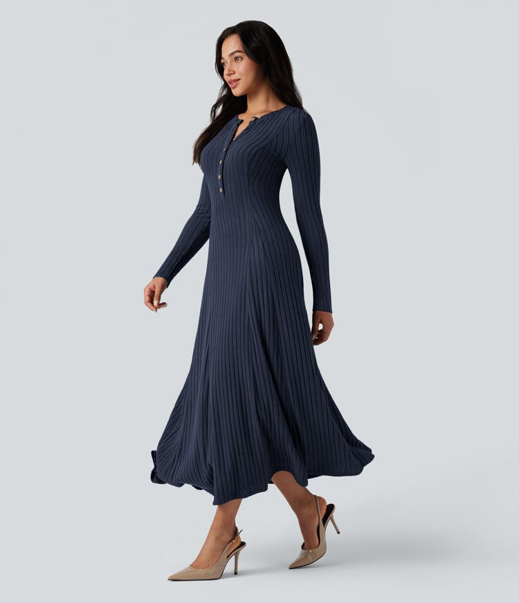 Ribbed Knit Henley Neck Long Sleeve Flowy Maxi Casual Dress
