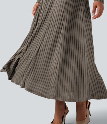 Ribbed Knit Henley Neck Long Sleeve Flowy Maxi Casual Dress