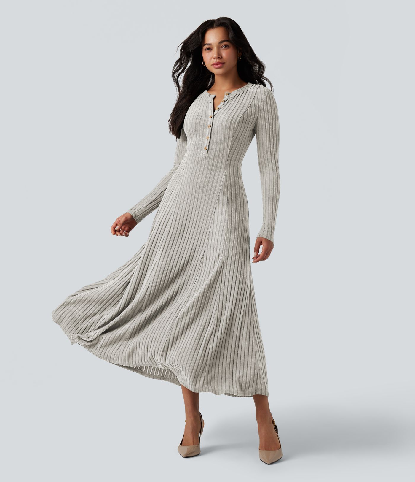 Ribbed Knit Henley Neck Long Sleeve Flowy Maxi Casual Dress