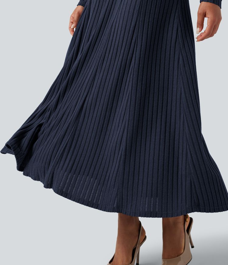 Ribbed Knit Henley Neck Long Sleeve Flowy Maxi Casual Dress
