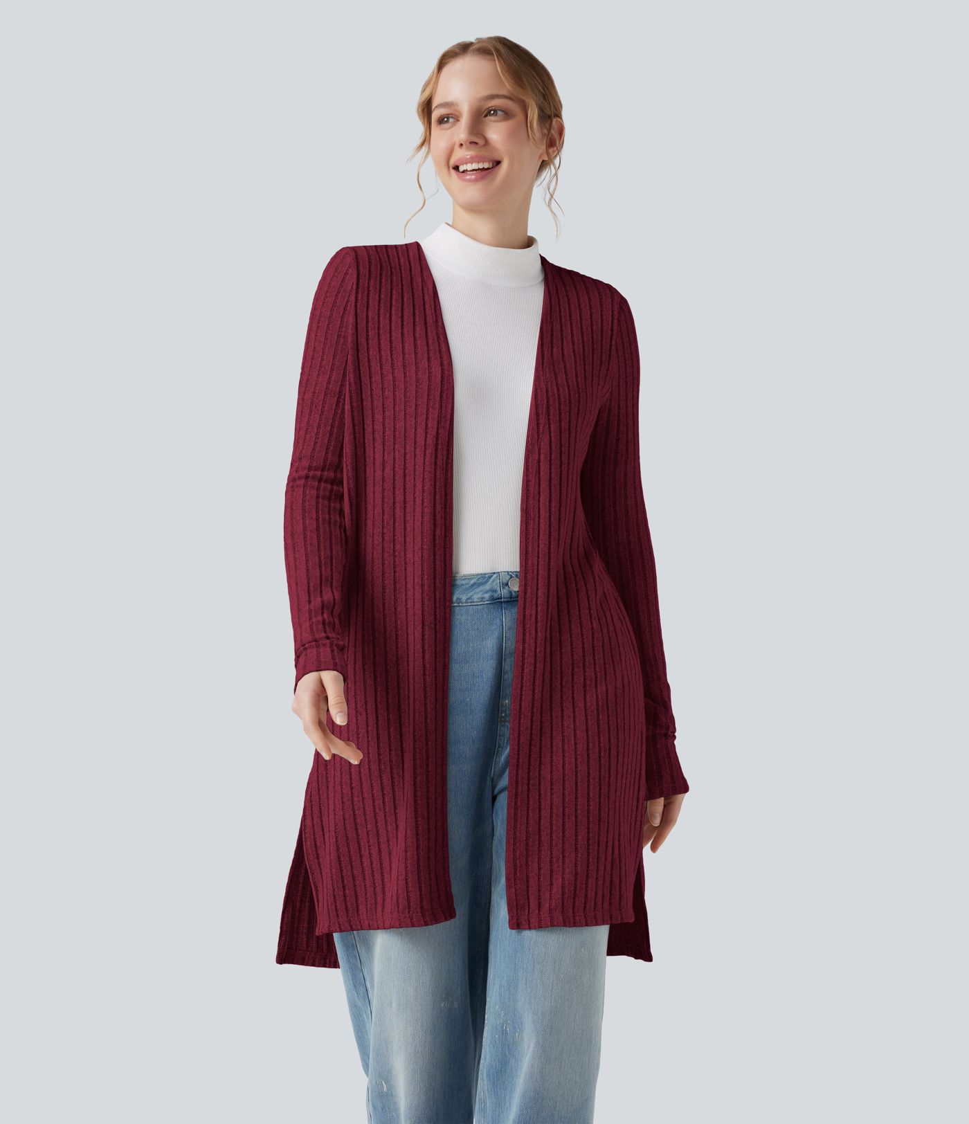 Ribbed Knit Long Sleeve Split Casual Coat